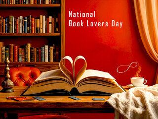 Celebrating national book lovers day with a heart shaped book and cozy reading corner