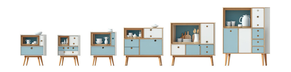 Collection of light-colored, small to large cabinets with light wood legs