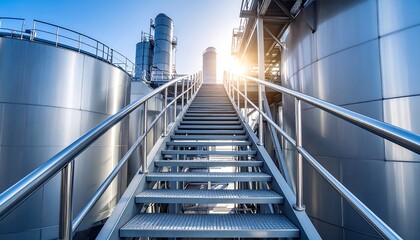 Industrial Staircase Leading to Metallic Tanks with Sun Flare against Clear Blue Sky