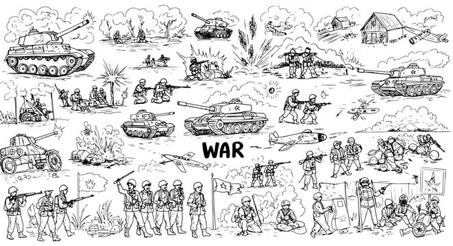 Detailed hand-drawn collage of diverse war scenarios: soldiers, tanks, aircraft, and explosions in various combat settings, depicting military action and conflict.