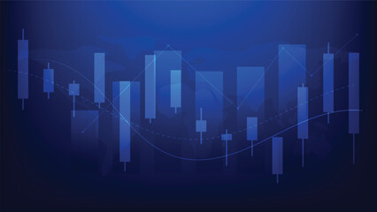 stock market chart. candlesticks and bar graph on blue background