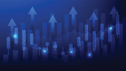business and finance background. stock market candlesticks chart and blue graphic bar graph with arrow up 