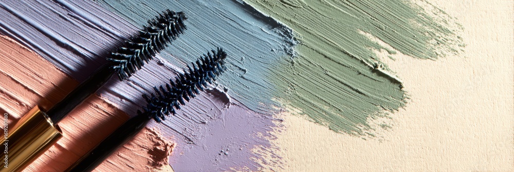 Poster artistic display of mascara and brushes casting shadows on pastel background with clean left side
