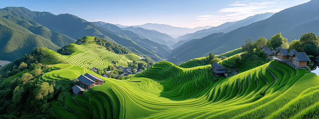Obraz premium Scenic Green Rice Terraces and Mountainside Villages Under a Clear Sky in Early Morning Light