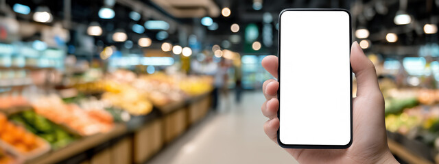 Person Holding Smartphone with a Blank Screen in a Bright Grocery Store Aisle with Colorful Produce Background