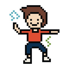 Obraz premium Cute cartoon pixel character cute man exercises training aerobic dance lifestyle music decoration life style 8 bit male boy dance with music game 8bit fitness isolated PNG vector.
