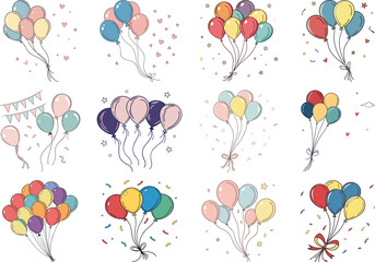 Obraz premium A vibrant collection of colorful balloons tied with strings, ready for a festive celebration