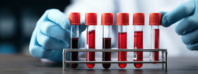 Laboratory technician handles test tubes filled with red liquid for scientific analysis and research in medical lab environment