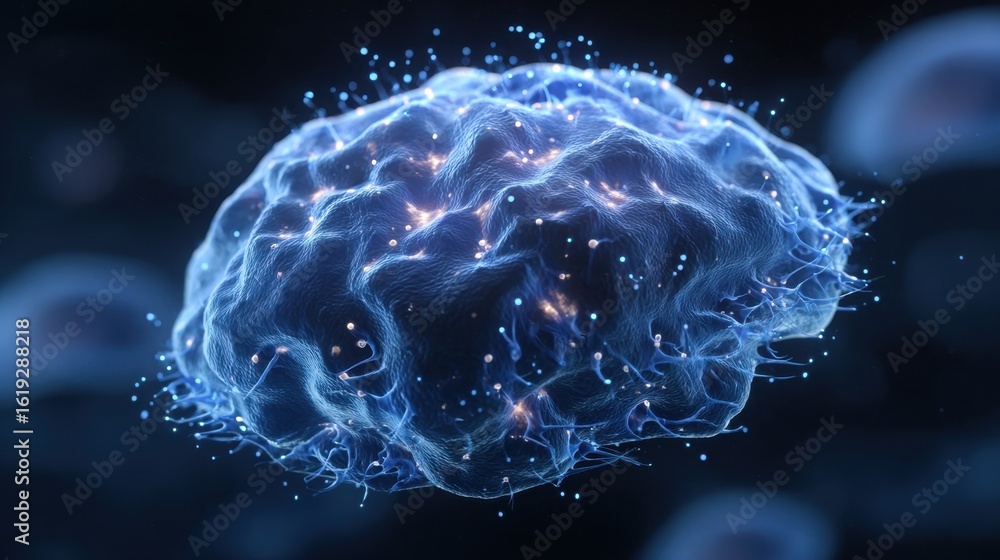 Aufkleber 3d render of brain cells filling with fluid glowing intensely in blue depicting severe swelling and 