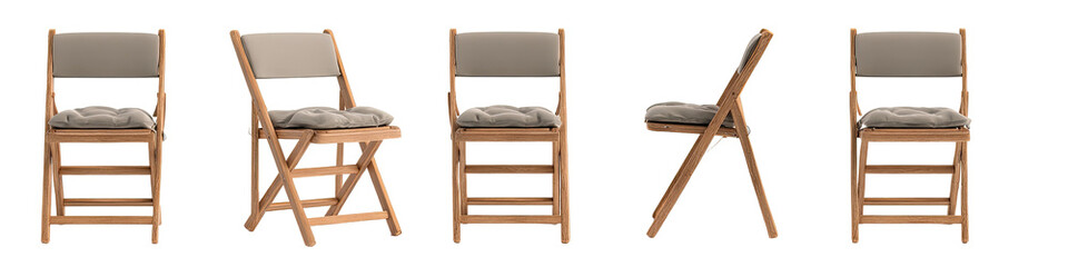 Four foldable wooden chairs in various positions