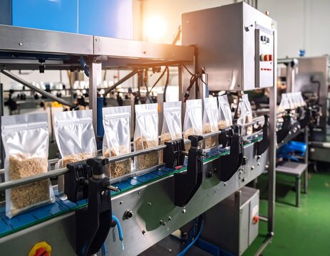 Automated packaging line filling clear pouches with product