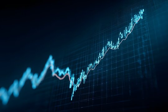 Abstract blue hologram of financial graphs and charts, glowing with data points on a dark background. The concept symbolizes the power to convey information in digital form