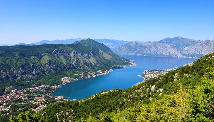 Obraz premium Panoramic view of Kotor Bay Montenegro showcasing mountains and charming town