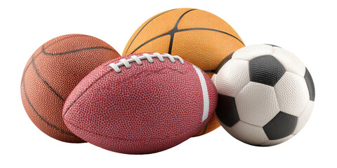 Close-up of basketball, football, and soccer balls