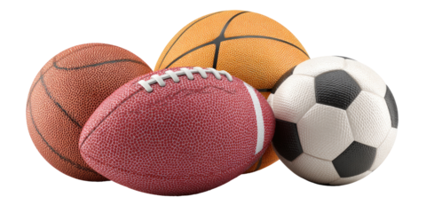 Close-up of basketball, football, and soccer balls