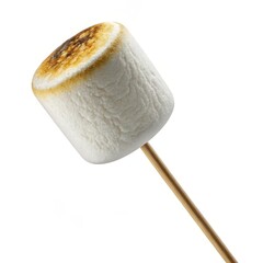 Toasted marshmallow on a wooden stick isolated on white background