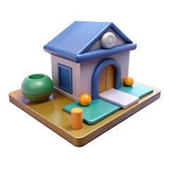 Charming cartoon house with garden elements isolated on white background