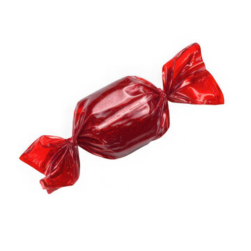 A single piece of red wrapped hard candy isolated on a transparent background in a studio setting