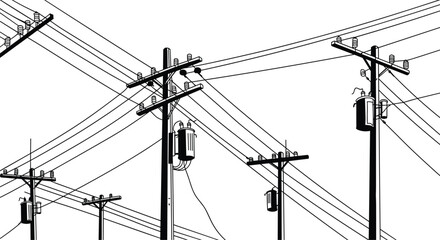 Silhouette of electrical power poles, transformer boxes, high voltage wires, utility infrastructure, black and white vector illustration for energy concept