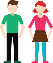 Obraz premium A man in a green tshirt and black pants stands next to a woman in a pink shirt and blue pants with a brown skirt