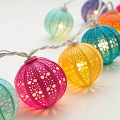 Colorful decorative orb string lights isolated on white background