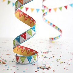 Colorful party ribbon with bunting and confetti isolated on white background