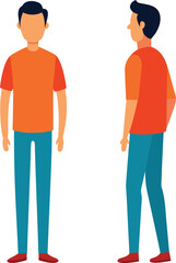 Fototapeta premium A man shown from both the front and side view, wearing an orange tshirt and blue pants, presented in a clean, flat design on a white background