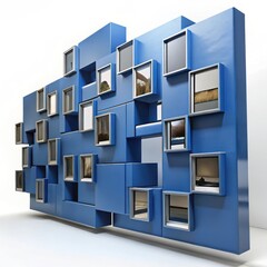 Modern blue wall unit with reflective square compartments isolated on white background