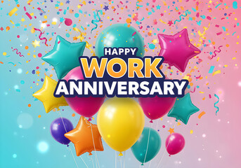 This vibrant image is perfect for celebrating a happy work anniversary with colorful balloons and confetti.