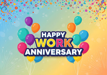 Celebrate a happy work anniversary with a festive design of balloons and confetti.