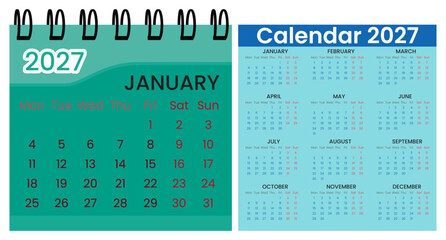 Calendar 2027 design with full 12 month layout for business and events. Includes weekly schedule and monthly deadlines. Track and organized through each season of calendar 27 with editable font