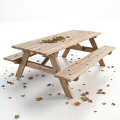 Wooden picnic table with scattered leaves isolated on white background