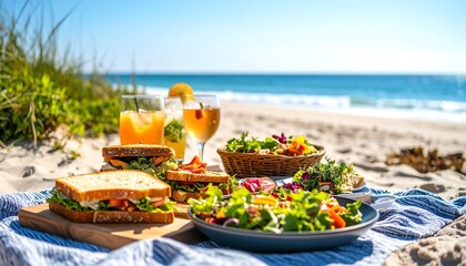 Beach picnic with sandwiches, salads, and drinks