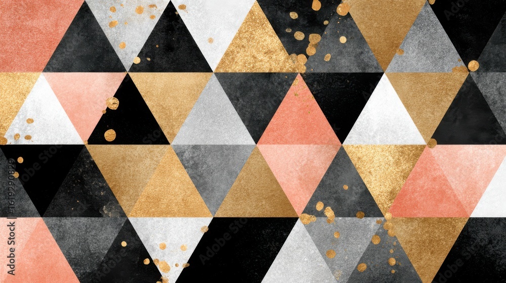 Poster this vibrant design features an arrangement of triangles in gold, black, coral, white, and gray. the