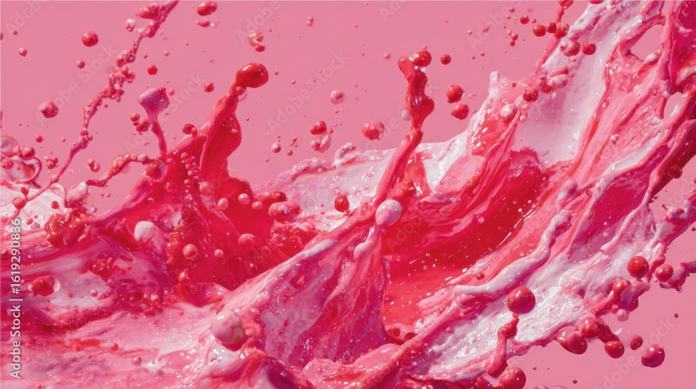 Poster a vivid splash of pink liquid erupts, generating captivating textures and patterns against a gentle 