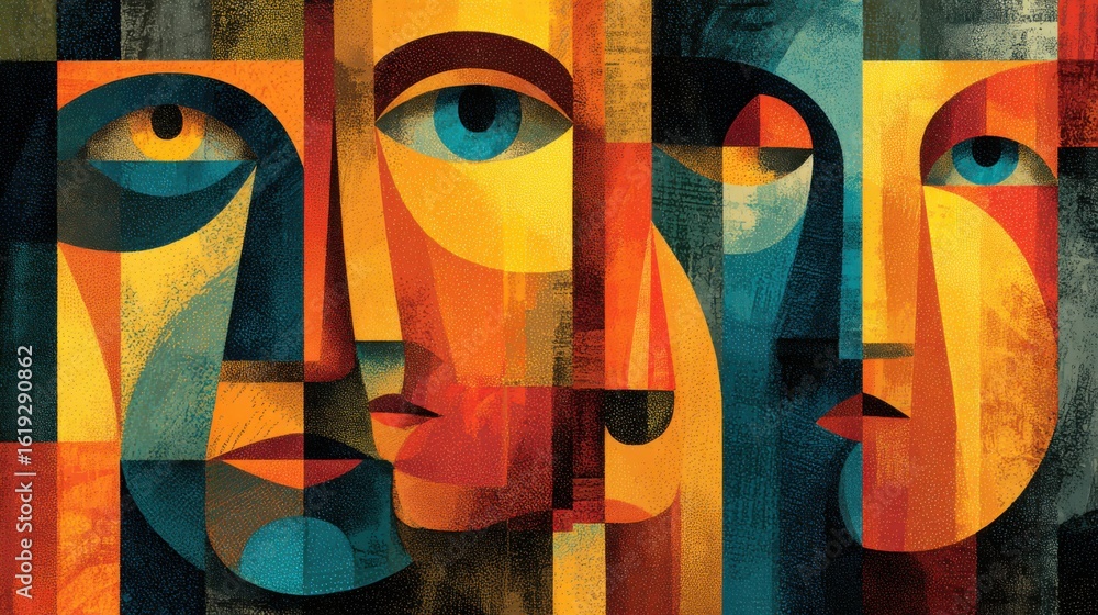 Poster this artwork displays a collection of abstract human faces arranged in a geometric pattern. the vivi