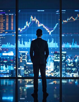 Businessman views city skyline & financial data on large screens