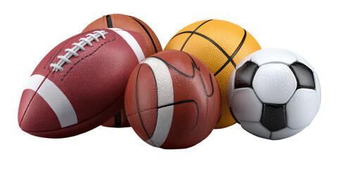 Close-up of various sports balls, including football, basketball, and soccer