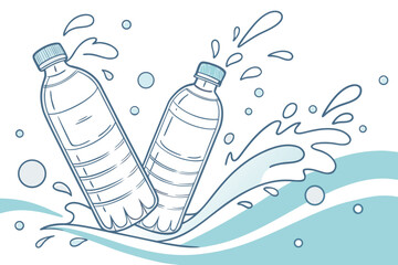 Dynamic splashes from two water bottles capture freshness and purity in this vibrant image, ideal for themes of hydration, wellness, and active lifestyle choices. 