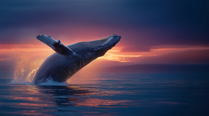 Fototapeta premium Majestic Humpback Whale Breaching Under Colorful Sunrise Sky Over Calm Ocean Waters
