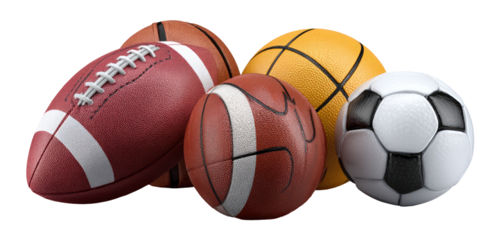 Close-up of various sports balls, including football, basketball, and soccer
