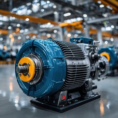 Obraz premium An electric motor is prominently shown in a modern industrial facility. The environment features multiple machines, reflecting advanced manufacturing technology.