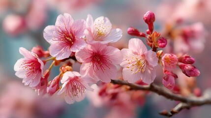 Delicate cherry blossom flowers display shades of pink while spring sunlight enhances their beauty. Budding flowers hint at the approaching fullness of spring.