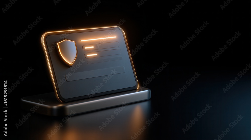 Poster zero trust concepts. digital identification card with shield symbol on a sleek black background.