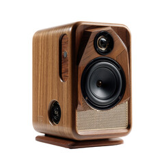 Wooden speaker cabinet, angled view, showing speaker components