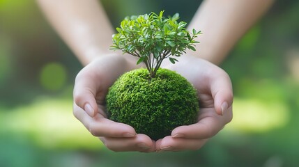 Hands Holding Small Tree Growing on Moss Ball Against Blurred Green Background