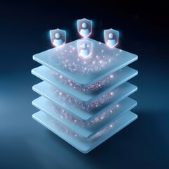 Zero Trust Concepts. Digital layers with user icons and shields, representing data security and privacy.