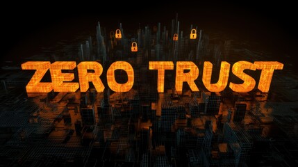 Digital cityscape with "ZERO TRUST" illuminated in orange, symbolizing cybersecurity concepts.