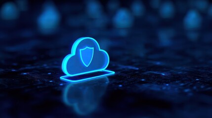 Zero Trust Concepts. Glowing cloud icon with shield representing digital security and technology in a dark background.