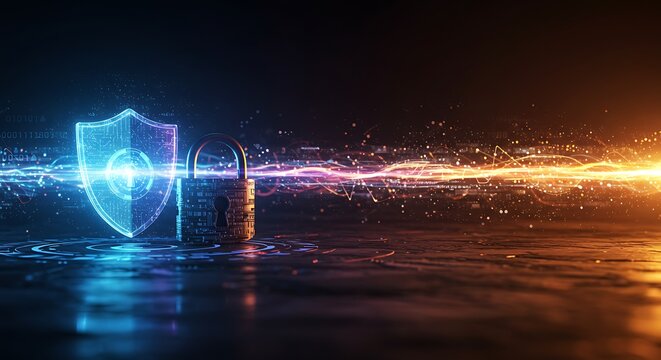 Glowing blue shield icon and a padlock with digital light trails, representing cybersecurity and data protection.